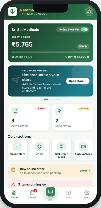 MedMate Partner app on a phone: today’s sales, online store switch and quick actions