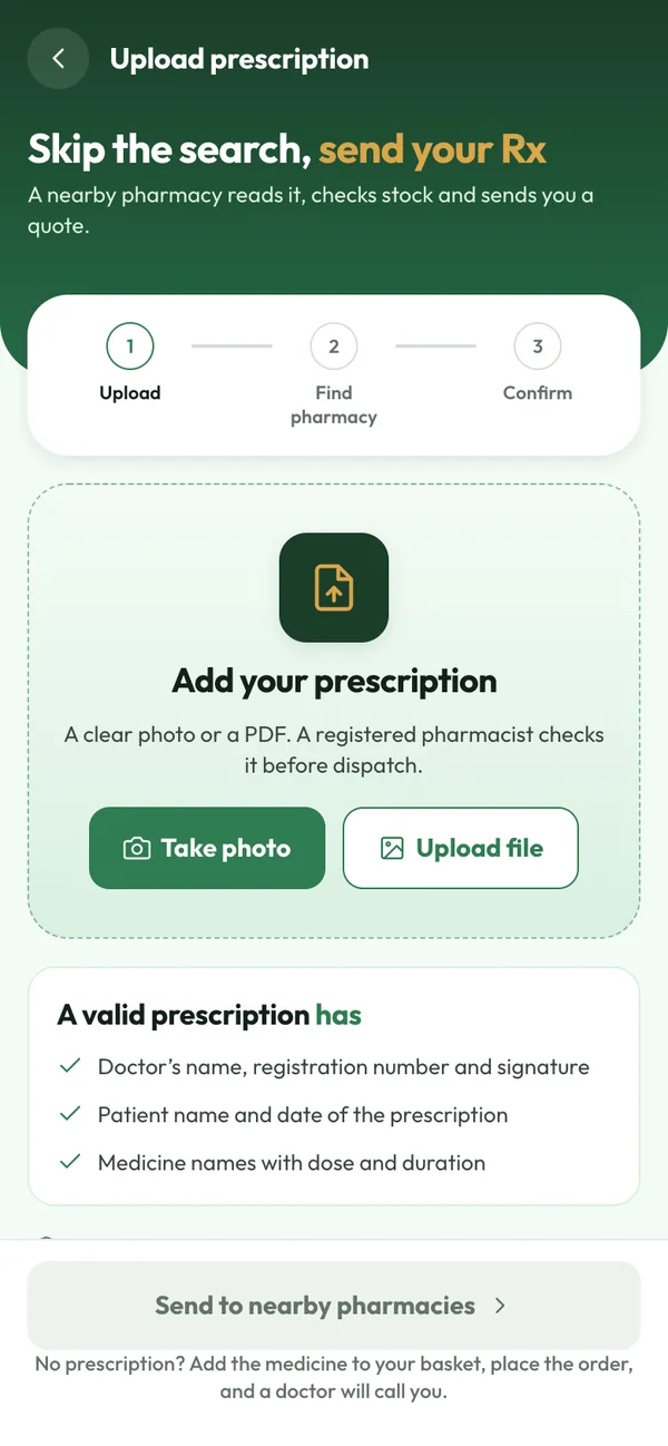 Preview of the upload-prescription screen in the MedMate app in development